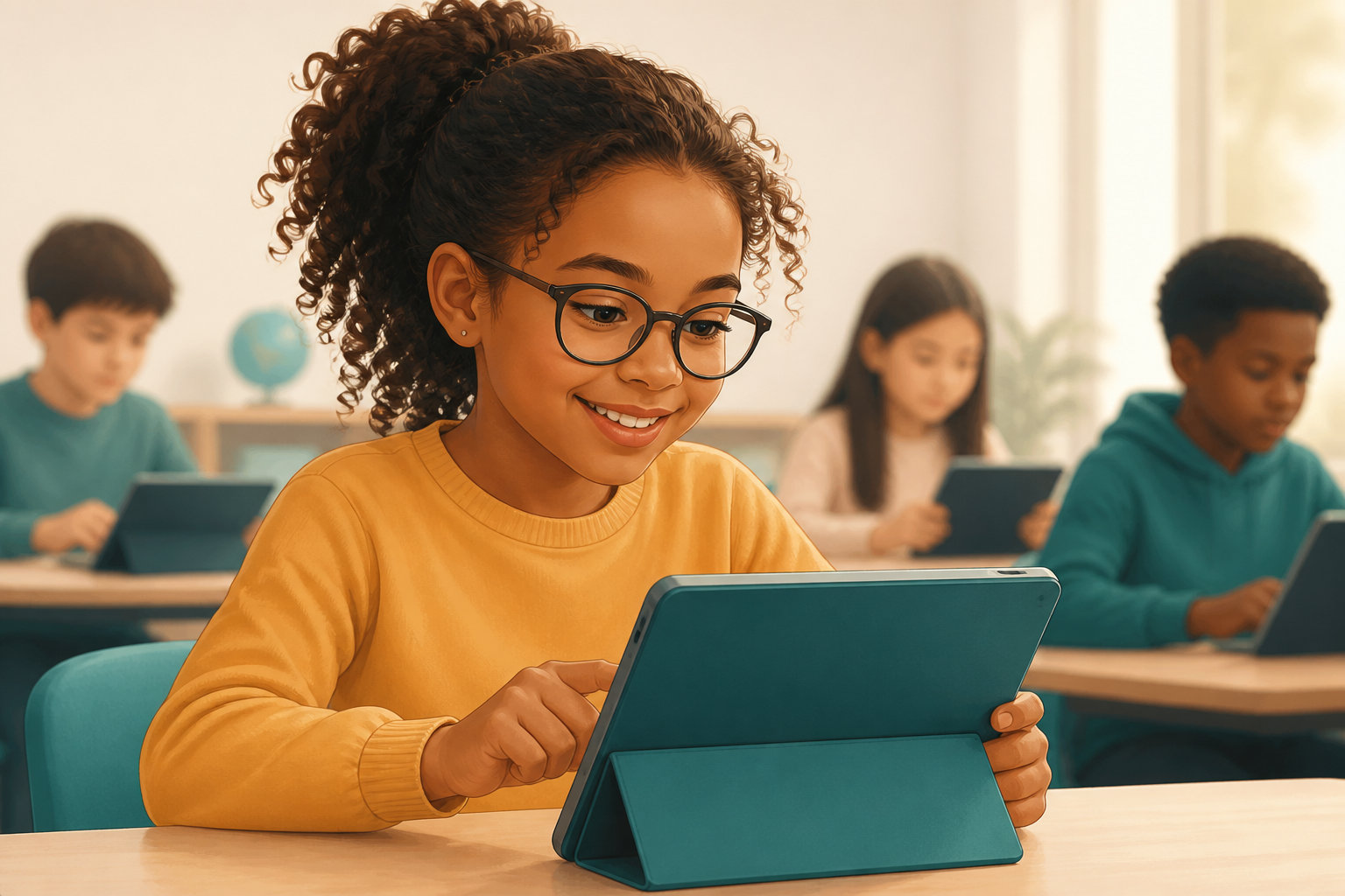 An illustration depicting a diverse group of students engaged in a digital learning environment, each using a tablet or laptop displaying interactive English language exercises. The focal subject is a